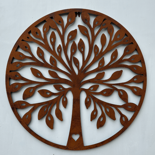 Circular rusted wall plaque 60cm. Tree with heart shape cut out