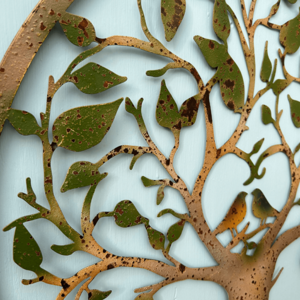 Metal circular rusted green tree wall art with love birds 60cm