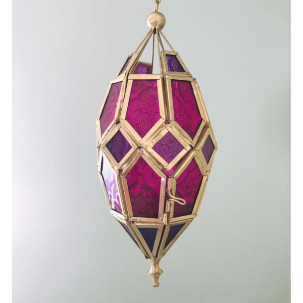 Pink and purple glass hanging tealight holder. Glass encased by metal bronze colour frame.