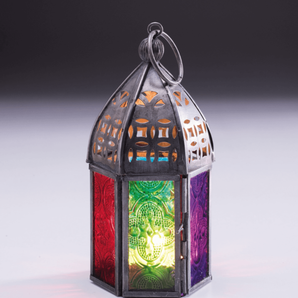 Mini moroccan style tealight holder. Coloured glass panels with metal frame.