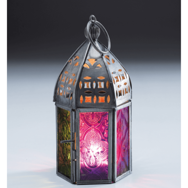 Mini moroccan style tealight holder. Multicolour glass panels with metal frame.