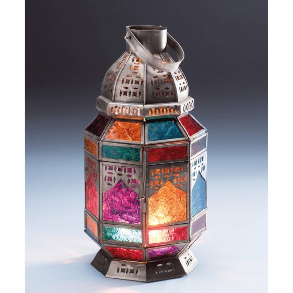 Large Moroccan Multicolour glass lantern. Iron frame with glass panes coloured in red blue and orange