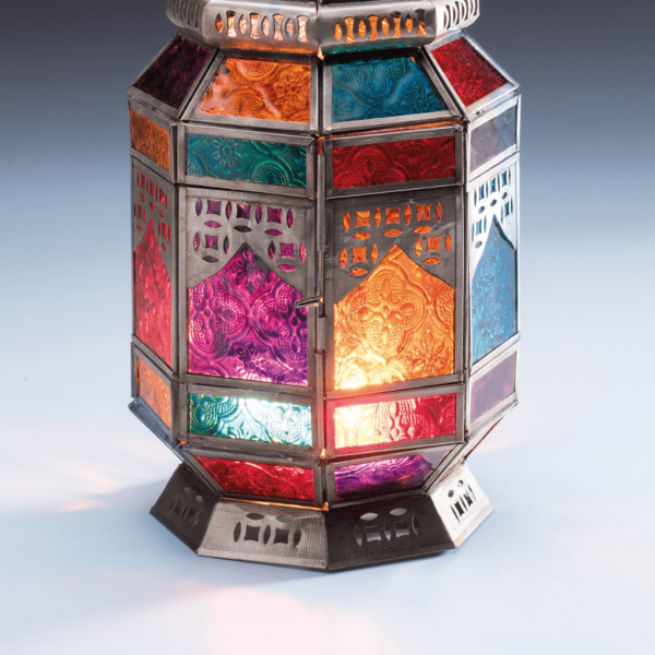 Large Moroccan Multicolour glass lantern. Iron frame with glass panes coloured in red blue and orange