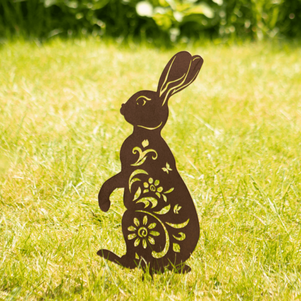 Bunny rabbit decorative garden stake. Beautiful garden decoration. Metal stake with delicate cut out patterns and flowers