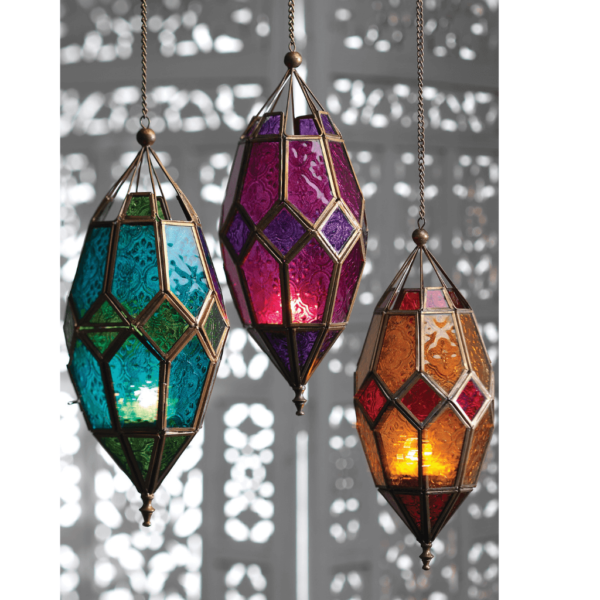 Moroccan style glass tea light holder with coloured glass encased by a metal bronze colour frame