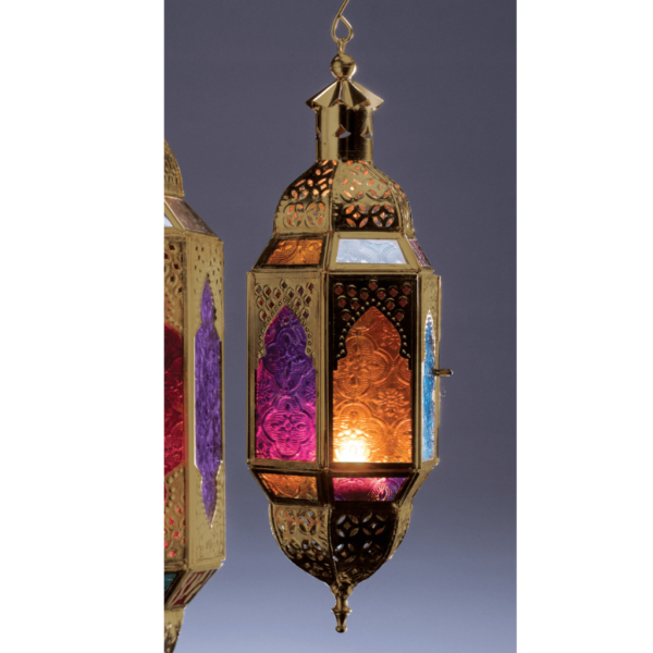 Gold finish hanging Moroccan Style Lantern with multicolour glass panels in red, amber, pink and purple.